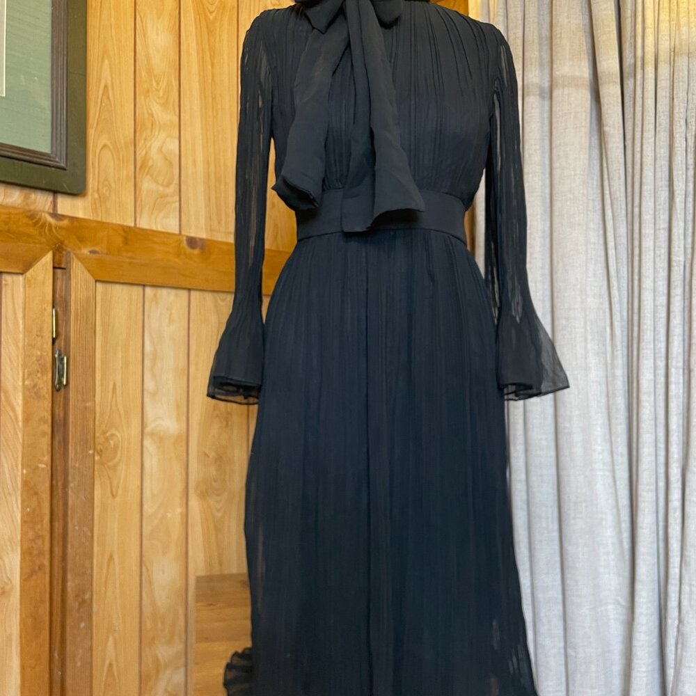 Vintage 60s/70s Black Pleated Cocktail Dress Union Made Georgette Sleeves Size M - Picture 5 of 14